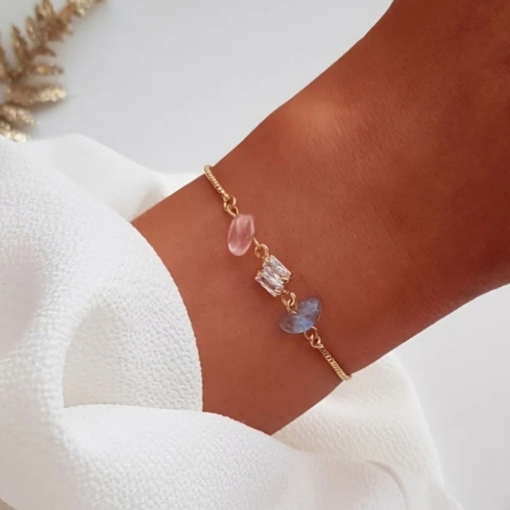 NWOT | Rose Quartz, Aquamarine & CZ Crystal Bracelet | 18K Gold Plated